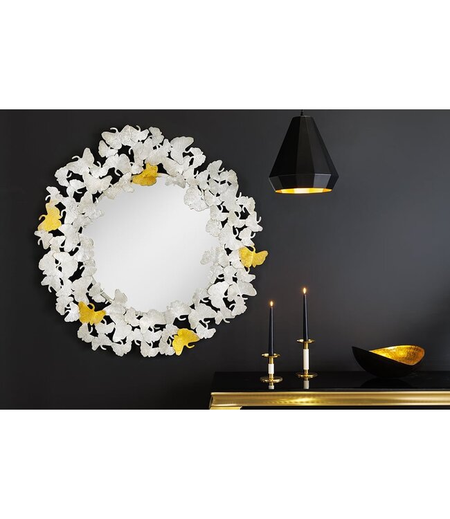 Invicta Interior Decoratieve wandspiegel GINKGO LEAFS XL 90cm goud zilver rond handgemaakt metaal - 42778