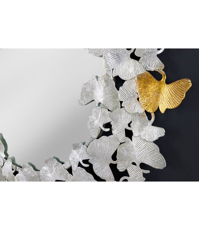 Invicta Interior Decoratieve wandspiegel GINKGO LEAFS XL 90cm goud zilver rond handgemaakt metaal - 42778