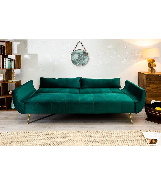 Invicta Interior Retro slaapbank DIVANI 220cm smaragdgroen fluweel gouden poten 3-zits slaapbank functie - 40090