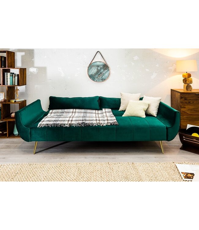 Invicta Interior Retro slaapbank DIVANI 220cm smaragdgroen fluweel gouden poten 3-zits slaapbank functie - 40090