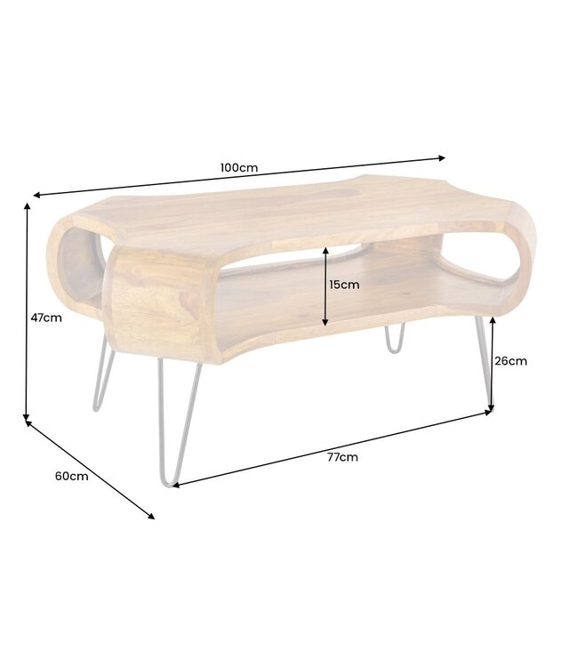 Invicta Interior Design Couchtisch ORGANIC LIVING 100cm Sheesham steenafwerking Massivholz handgemaakte haarspeldpoten - 43073