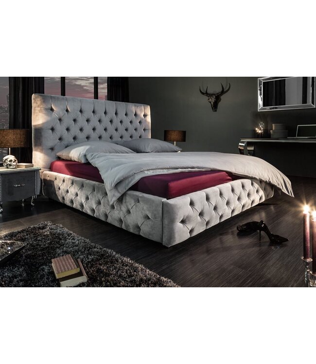 Invicta Interior Design tweepersoonsbed PARIS 180x200cm grijs fluweel Chesterfield - 39992