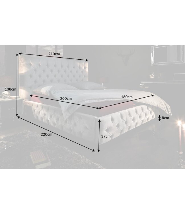 Invicta Interior Design tweepersoonsbed PARIS 180x200cm grijs fluweel Chesterfield - 39992