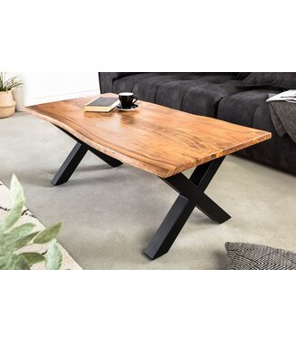 Invicta Interior Massief houten salontafel MAMMUT 120cm acacia honing afwerking X-frame zwart 2,5cm tafelblad - 41654