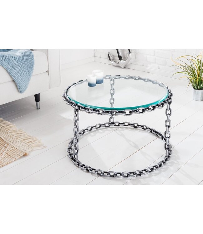 Invicta Interior Design salontafel CHAINS 65cm zilver handgemaakt metalen rond glazen blad kettingframe - 42235