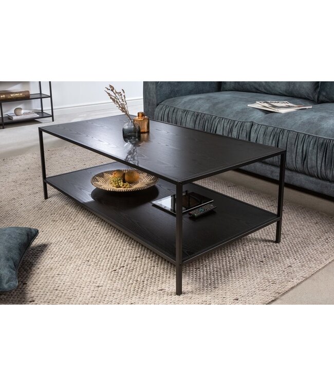 Invicta Interior industrieele salontafel SLIM LINE 120cm zwart essen met twee planken - 42013