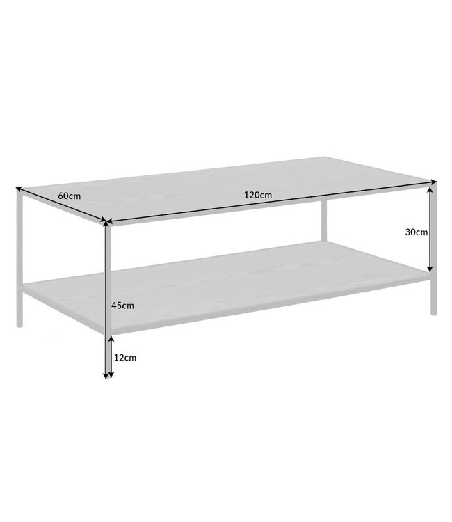 Invicta Interior industrieele salontafel SLIM LINE 120cm zwart essen met twee planken - 42013