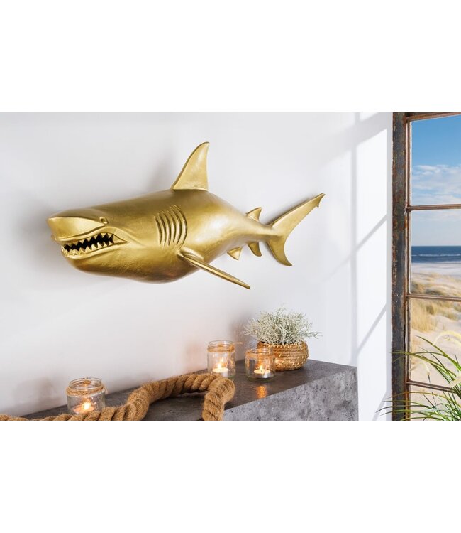 Invicta Interior Maritieme wanddecoratie HAI 105cm goud links metalen handgemaakt haai design sculptuur - 43045