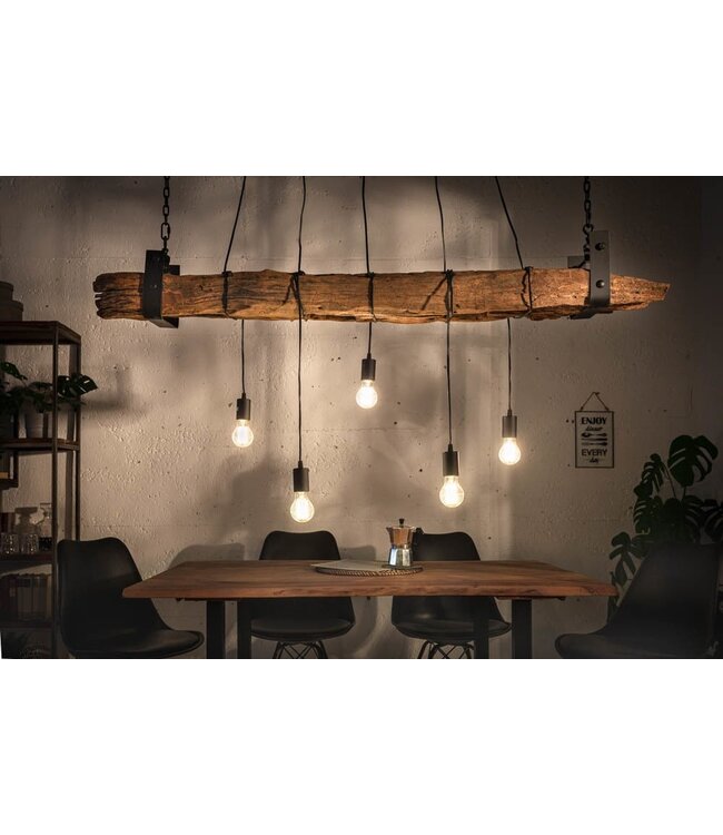 Invicta Interior industrieele hanglamp BARRACUDA 152cm gerecycled massief hout met 5 lampjes - 40080