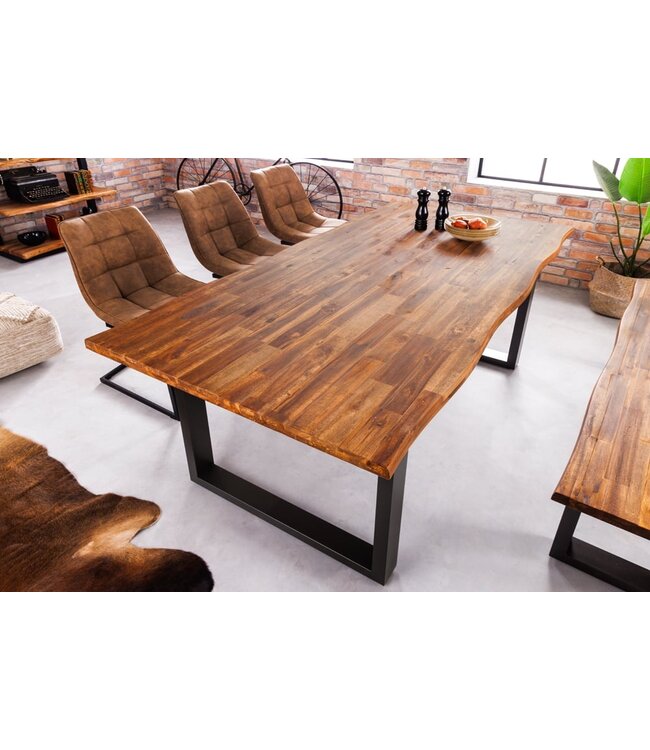 Invicta Interior Massief houten eettafel GENESIS 200cm bruin gevlamd acacia sledeonderstel zwarte ijzeren boomrand - 42044