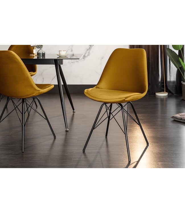 Invicta Interior Design stoel SCANDINAVIA MEESTERSTUK mosterdgeel fluweel zwart metalen poten - 43063