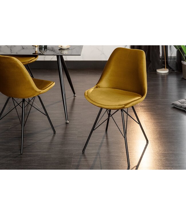Invicta Interior Design stoel SCANDINAVIA MEESTERSTUK mosterdgeel fluweel zwart metalen poten - 43063