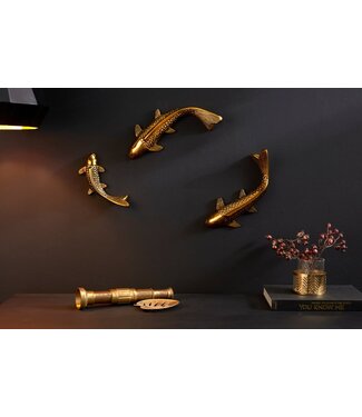 Invicta Interior Feng Shui wanddecoratie set van 3 vissen KOI 25cm antiek goud maritiem design - 41763