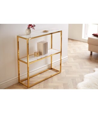 Invicta Interior Elegante consoletafel BOUTIQUE 80cm wit kristalglas met marmeren decor gouden frame met twee planken - 42169