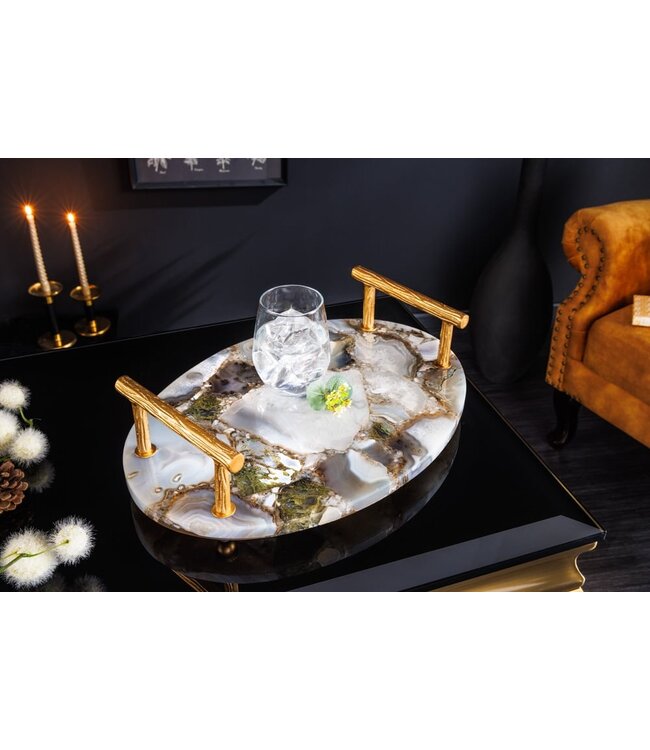Invicta Interior Decoratief dienblad NOBLE 40cm edelsteen handgemaakte agaatkwarts gouden handvatten - 41558