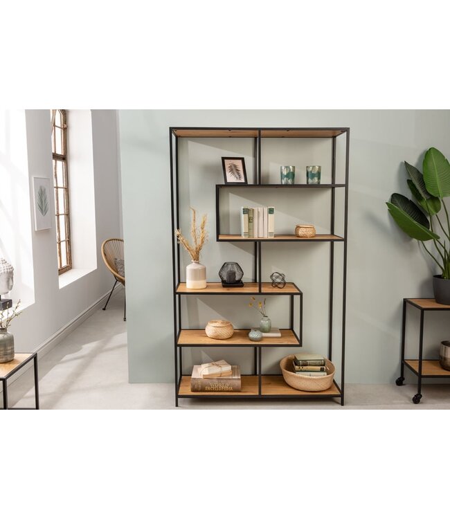 Invicta Interior industrieele boekenkast SLIM LINE 185x114cm wilde eik zwart zes planken - 42024