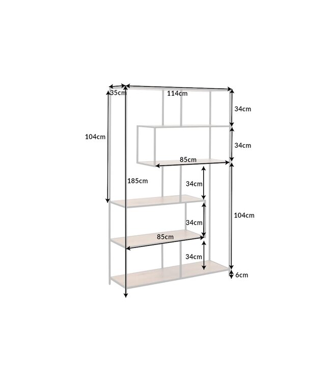Invicta Interior industrieele boekenkast SLIM LINE 185x114cm wilde eik zwart zes planken - 42024