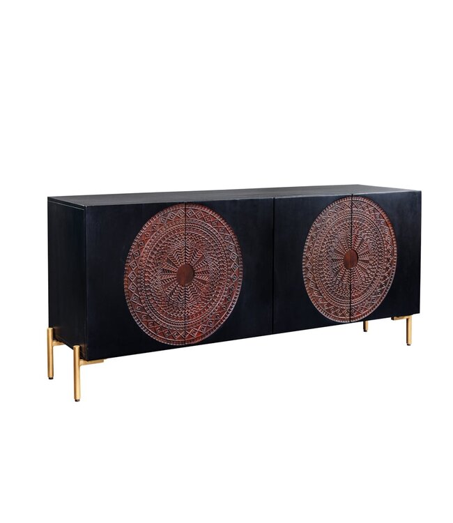 Invicta Interior Massief dressoir MANDALA 160cm mangohout zwart gouden poten - 41121