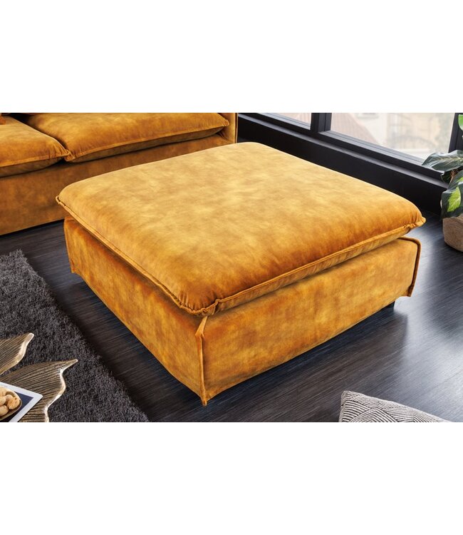 Invicta Interior Grote kruk HEAVEN 100cm mosterdgeel fluweel bankkruk in landelijke stijl wasbare hoes - 40832