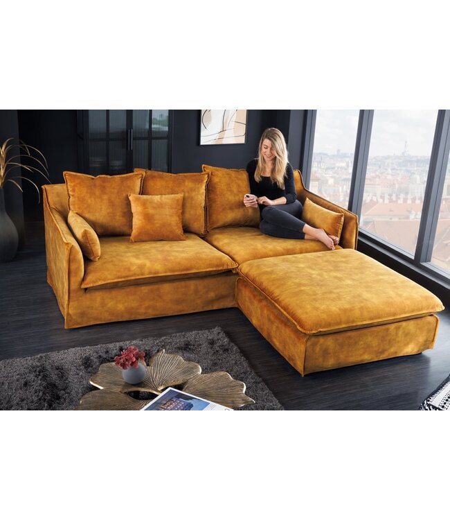 Invicta Interior Grote kruk HEAVEN 100cm mosterdgeel fluweel bankkruk in landelijke stijl wasbare hoes - 40832