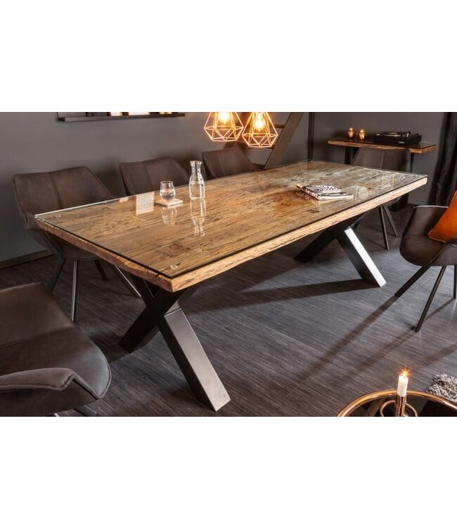 Invicta Interior Massief houten eettafel BARRACUDA 220cm naturel teakhout incl. glazen blad zwart metalen poten X-frame - 39699