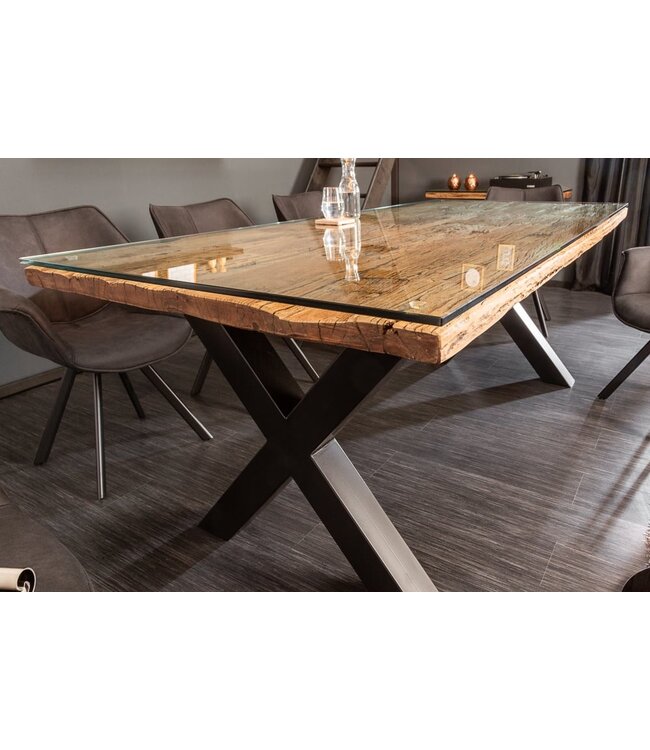 Invicta Interior Massief houten eettafel BARRACUDA 220cm naturel teakhout incl. glazen blad zwart metalen poten X-frame - 39699