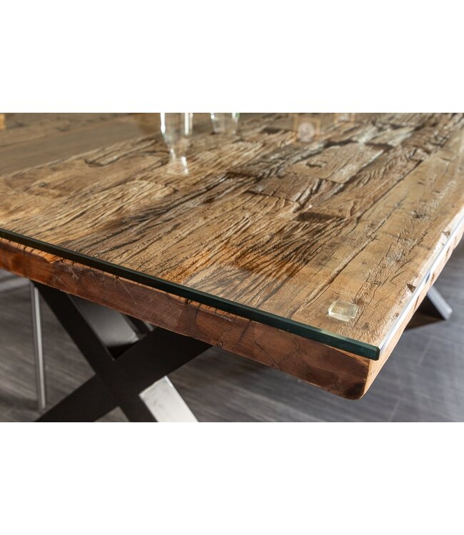 Invicta Interior Massief houten eettafel BARRACUDA 220cm naturel teakhout incl. glazen blad zwart metalen poten X-frame - 39699
