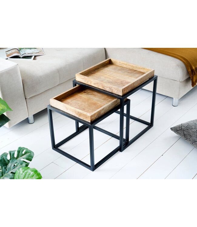 Invicta Interior industrieele bijzettafel set van 2 SERVITEUR 45 cm metalen salontafel van natuurlijk mangohout - 42575