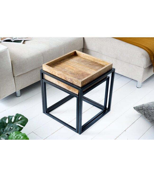 Invicta Interior industrieele bijzettafel set van 2 SERVITEUR 45 cm metalen salontafel van natuurlijk mangohout - 42575