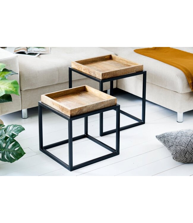Invicta Interior industrieele bijzettafel set van 2 SERVITEUR 45 cm metalen salontafel van natuurlijk mangohout - 42575