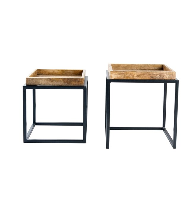 Invicta Interior industrieele bijzettafel set van 2 SERVITEUR 45 cm metalen salontafel van natuurlijk mangohout - 42575