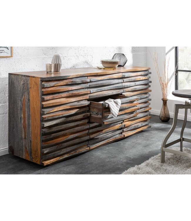 Invicta Interior Massief dressoir RELIEF 160cm Sheeshamhout grijze rookafwerking met uitgewerkt front - 39746