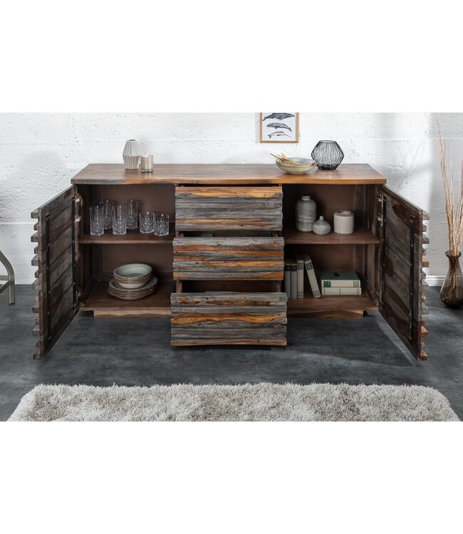 Invicta Interior Massief dressoir RELIEF 160cm Sheeshamhout grijze rookafwerking met uitgewerkt front - 39746