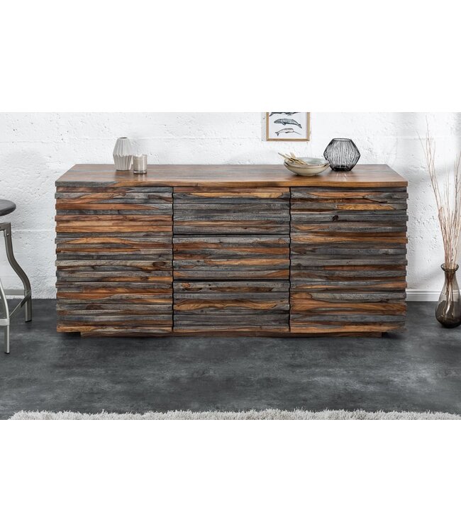 Invicta Interior Massief dressoir RELIEF 160cm Sheeshamhout grijze rookafwerking met uitgewerkt front - 39746