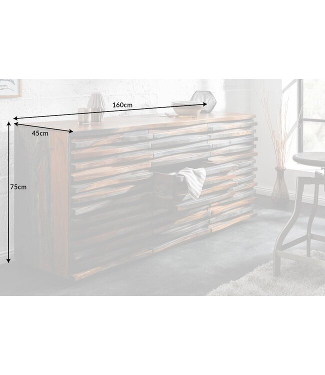 Invicta Interior Massief dressoir RELIEF 160cm Sheeshamhout grijze rookafwerking met uitgewerkt front - 39746