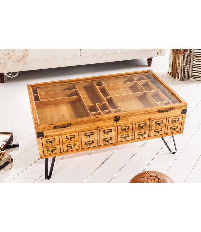 Invicta Interior Vintage salontafel SEVEN SEAS 100cm natuurlijk grenen massief hout glazen haarspeldpoten met opbergruimte - 41194