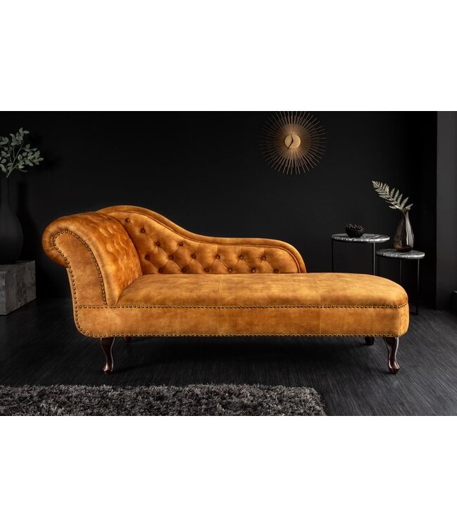 Invicta Interior Design chaise longue CHESTERFIELD 170cm mosterdgeel fluwelen knoopsluiting klinknagels - 41252