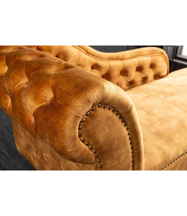 Invicta Interior Design chaise longue CHESTERFIELD 170cm mosterdgeel fluwelen knoopsluiting klinknagels - 41252