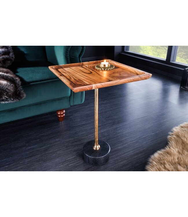 Invicta Interior Design bijzettafel TRAYFUL 55cm natuurlijk acacia massief hout zwart marmeren onderstel goud metaal - 41281