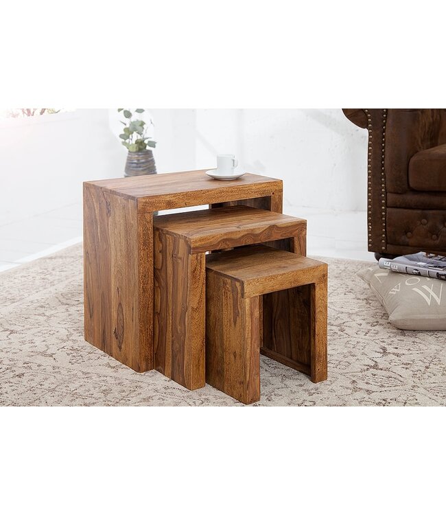 Invicta Interior Set van 3 massief houten bijzettafels MAKASSAR 45cm Sheesham steenafwerking unieke korrel - 20596