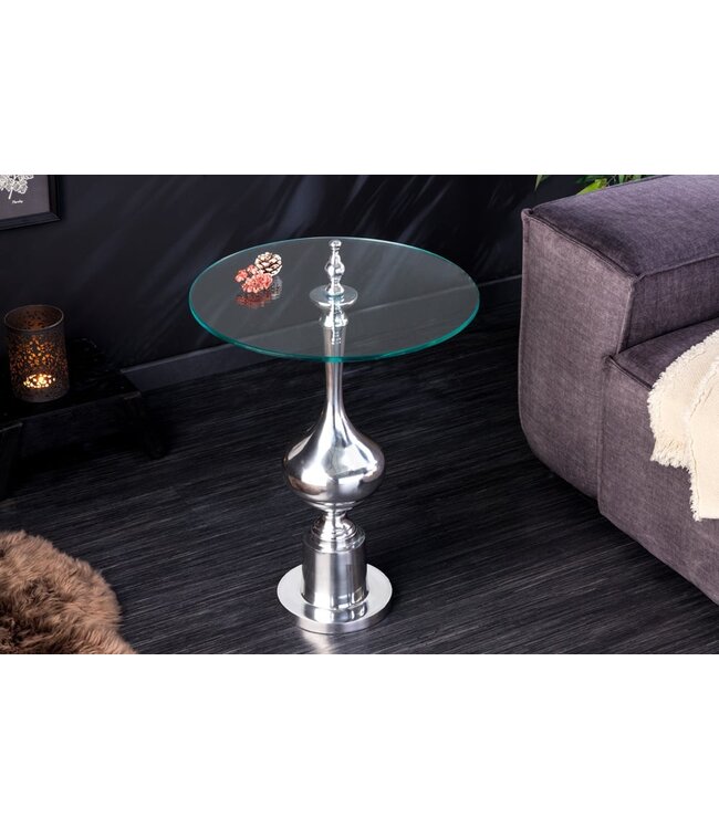 Invicta Interior Design bijzettafel ABSTRACT 45cm zilver metaal chroom handgemaakt glazen blad rond - 42227