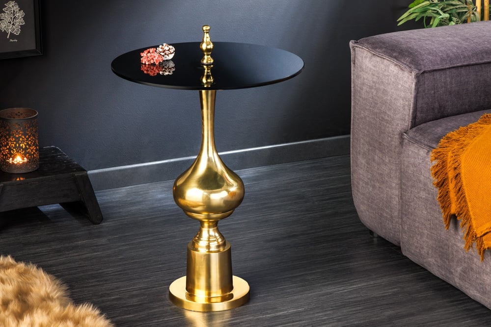 Design bijzettafel ABSTRACT 45cm goud metaal zwart glazen blad handgemaakt rond - 42228