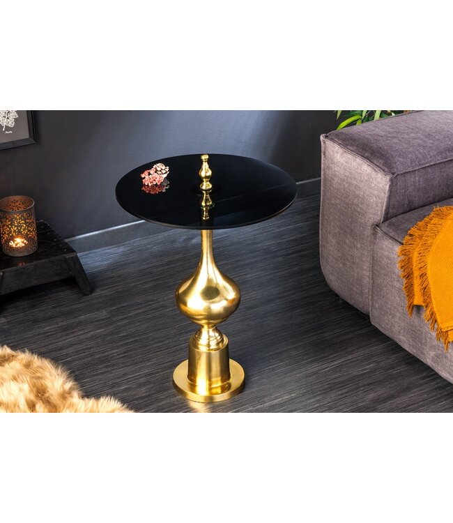 Invicta Interior Design bijzettafel ABSTRACT 45cm goud metaal zwart glazen blad handgemaakt rond - 42228