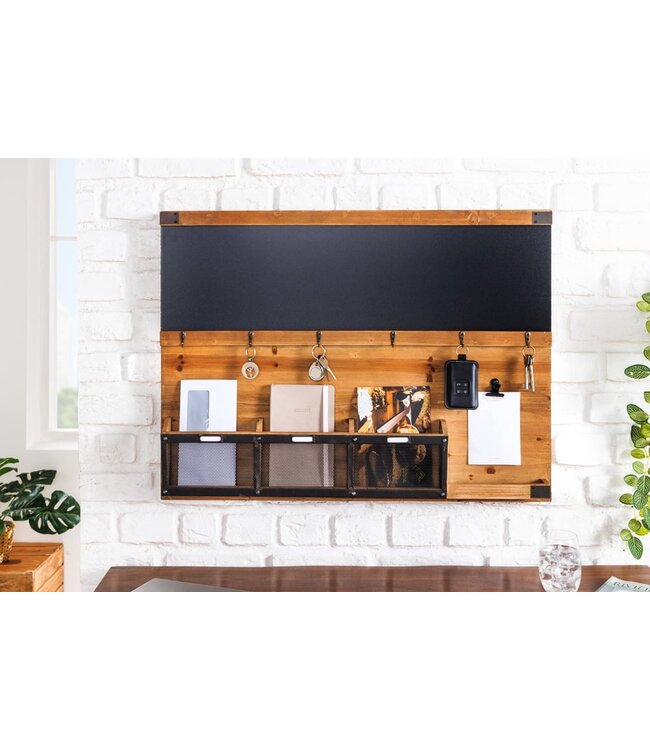 Invicta Interior Praktische wandplank HERITAGE 80cm naturel grenen 6 haken krijtbord sleutelbord - 40880