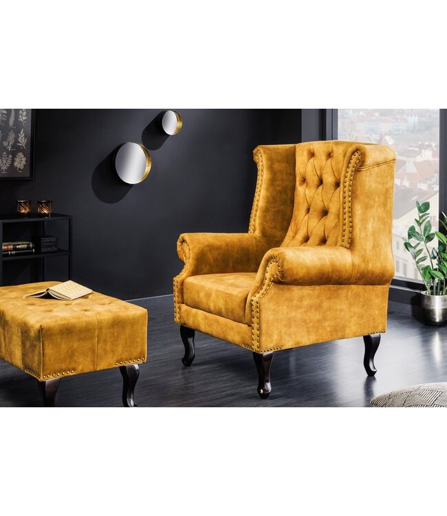 Invicta Interior Design vleugelfauteuil CHESTERFIELD 85cm mosterdgeel fluweel knoopstiksel veerkern - 41444