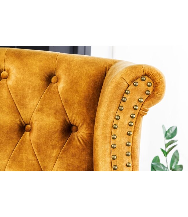 Invicta Interior Design vleugelfauteuil CHESTERFIELD 85cm mosterdgeel fluweel knoopstiksel veerkern - 41444