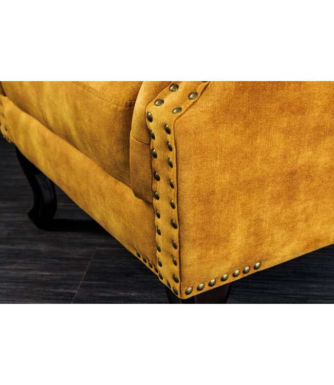 Invicta Interior Design vleugelfauteuil CHESTERFIELD 85cm mosterdgeel fluweel knoopstiksel veerkern - 41444