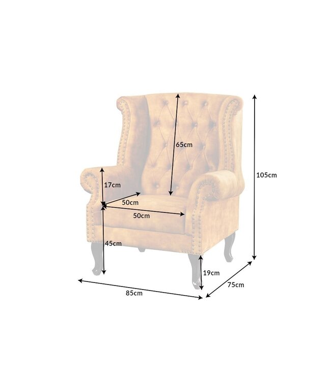 Invicta Interior Design vleugelfauteuil CHESTERFIELD 85cm mosterdgeel fluweel knoopstiksel veerkern - 41444