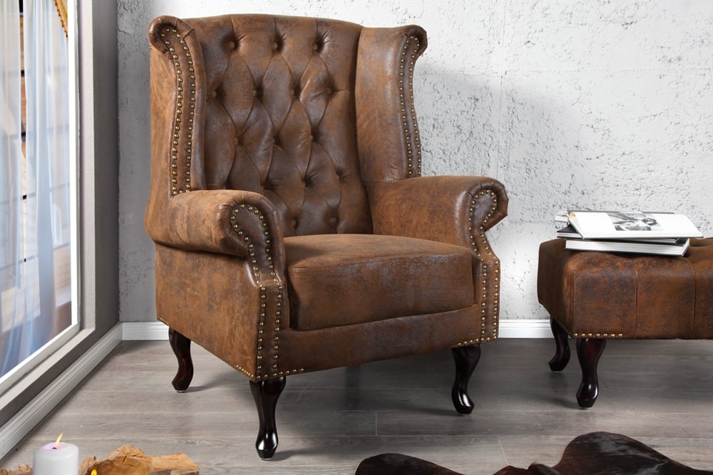 Chesterfield fauteuil 85cm antiek bruin met knoopstiksel en veerkern - 19448 afbeelding