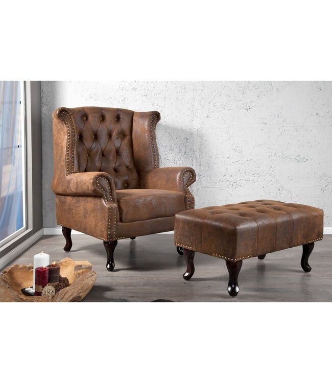 Invicta Interior Chesterfield fauteuil 85cm antiek bruin met knoopstiksel en veerkern - 19448